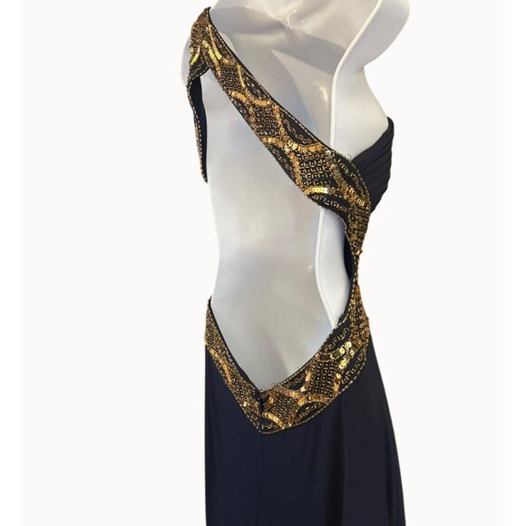 Aqua Dress Navy Gold One Shoulder Evening Gown Sz 4 Open Back Luxe Beaded Formal - Picture 4 of 9